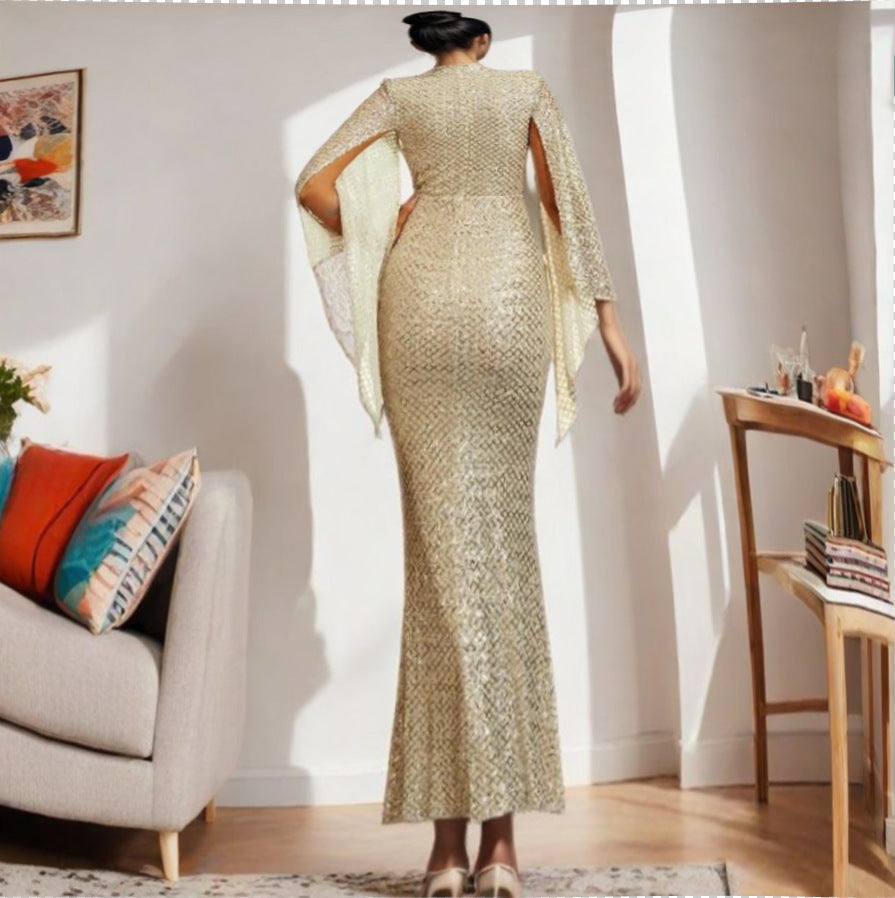 Golden Sequin Off-Shoulder Evening Dress