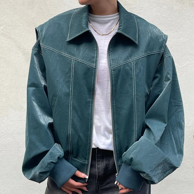 Vintage Splicing Lapel Leather Oversize Jacket