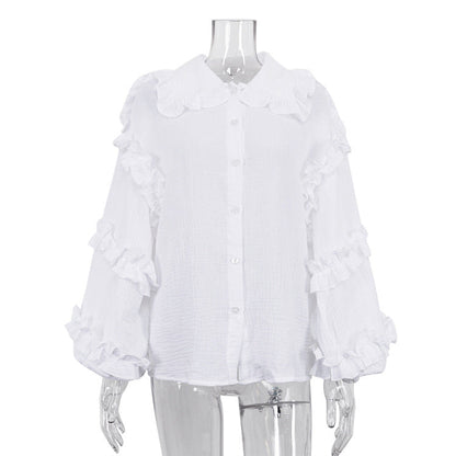 Casual White Cotton Lantern Sleeve Shirt