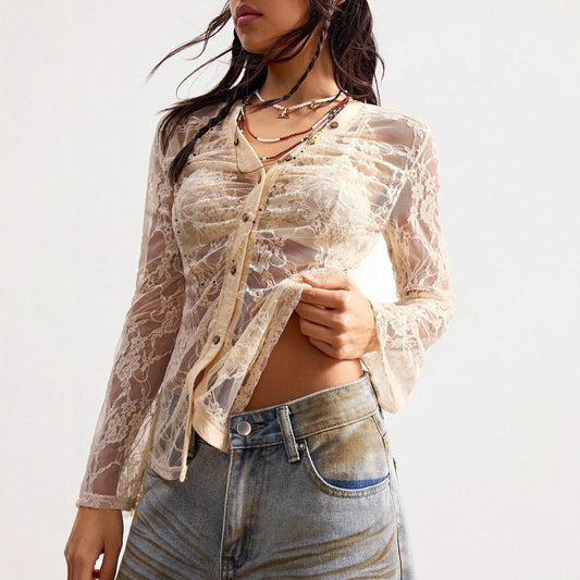 Lace Floral V-Neck Slim Button Up Blouse