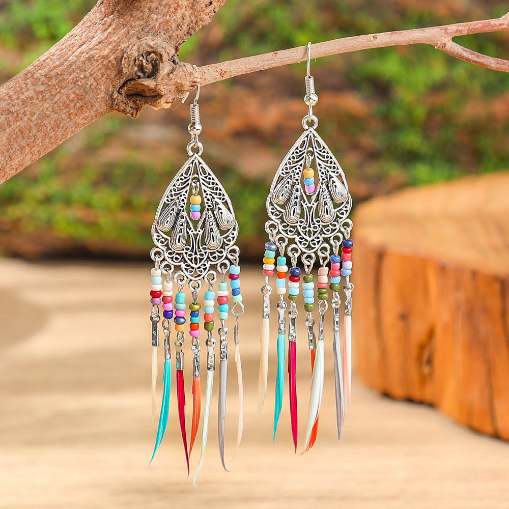 Bohemian Feather Tassel Earrings Vintage Geometric Design