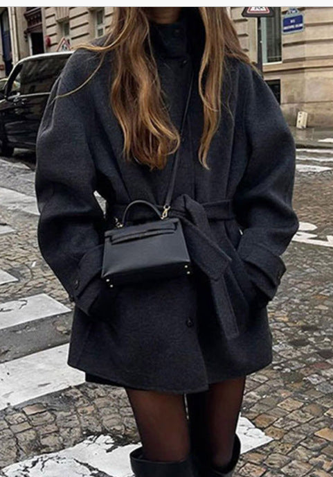 Solid Color Belted Wool Blend Coat for Women