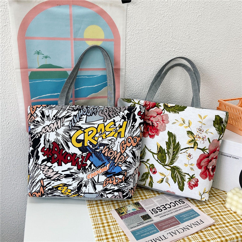 Large Capacity Canvas Tote Bag with Floral Print
