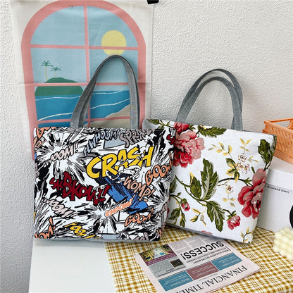 Large Capacity Canvas Tote Bag with Floral Print