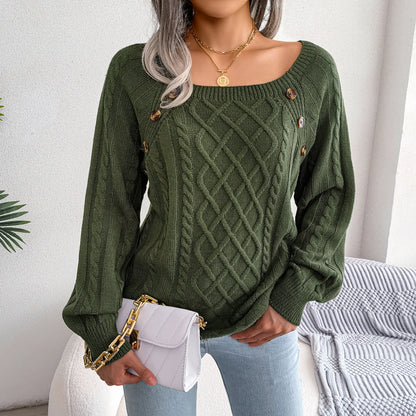 2025 Autumn And Winter Casual Square Collar Nail Button Twist Knitted Pullover Sweater