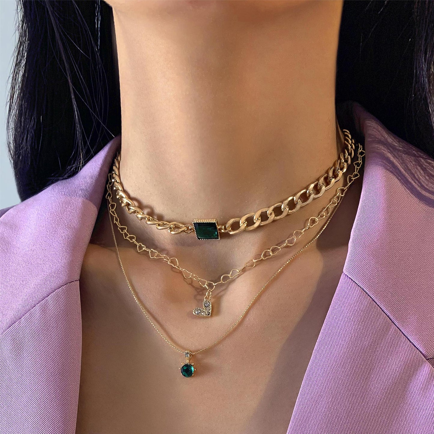 Emerald Green Butterfly Necklace With Layered Design And Heart Charm