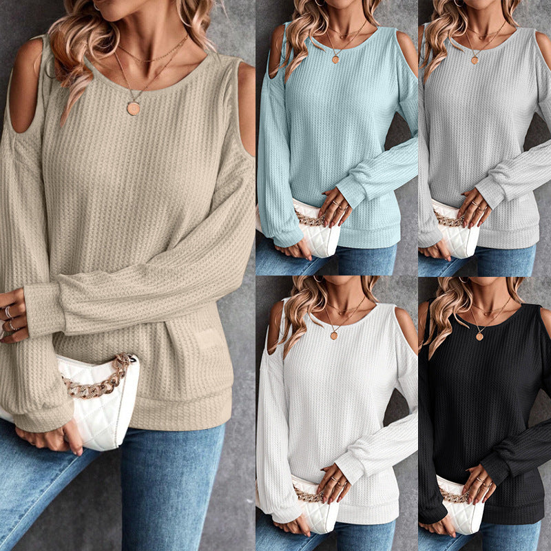 Autumn And Winter New Off-The-Shoulder Buttons Loose Long-Sleeved T-Shirt Tops