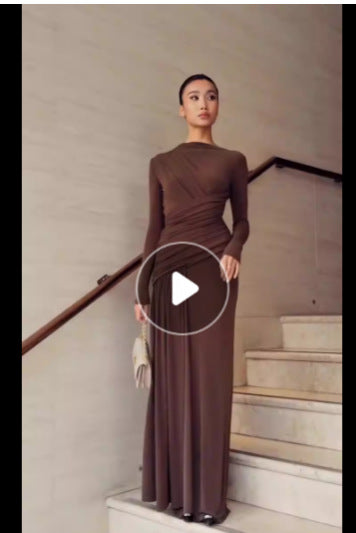 Elegant Ruched Zip-Up Long Sleeve Dress