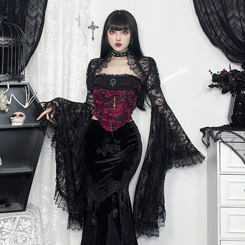 Vintage Lace Long Sleeve Top Elegant Black Blouse