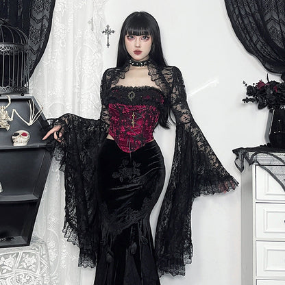 Vintage Lace Long Sleeve Top Elegant Black Blouse