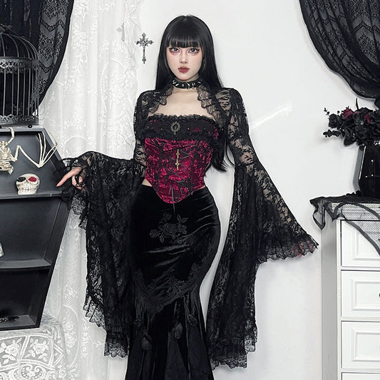 Vintage Lace Long Sleeve Top Elegant Black Blouse