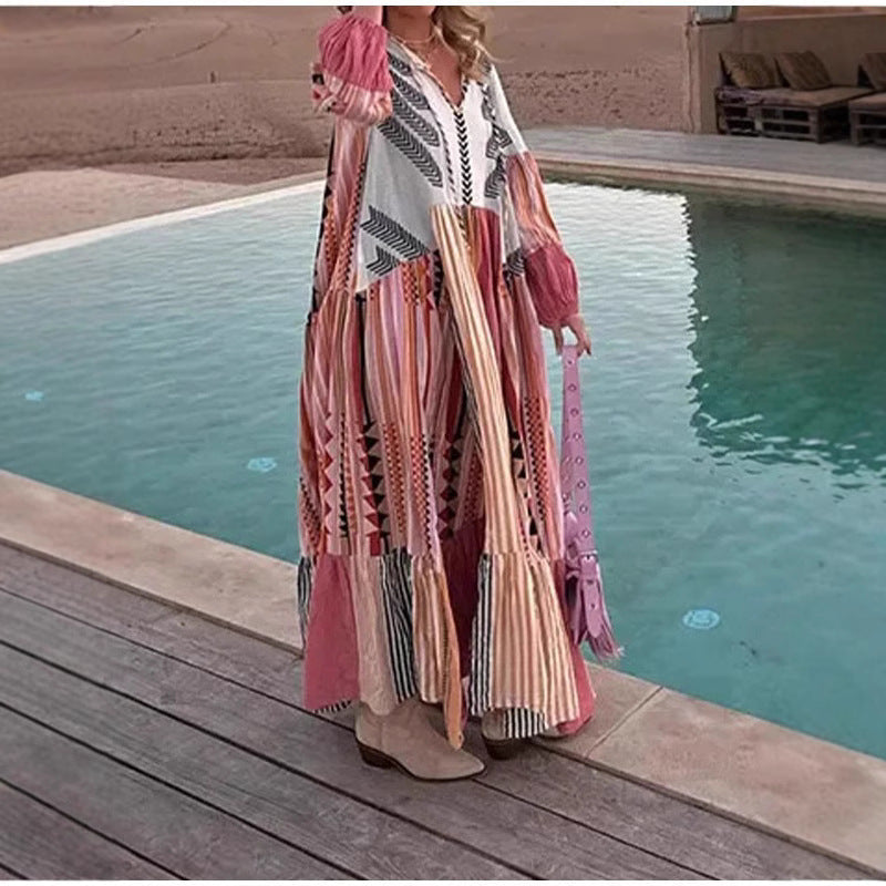 Vintage Floral Maxi Dress With Puff Sleeves For Casual Vacation