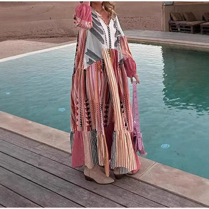 Vintage Floral Maxi Dress With Puff Sleeves For Casual Vacation