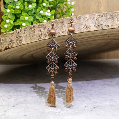 Exaggerated Vintage Geometric Wooden Earrings with Tassel and Bell