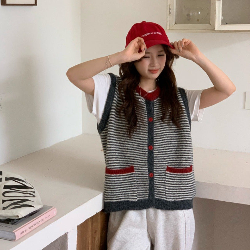 Color Block Striped Knit Vest for Women Casual Chic