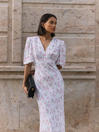 Floral Maxi Dress V-Neck Short Sleeve Elegant Casual