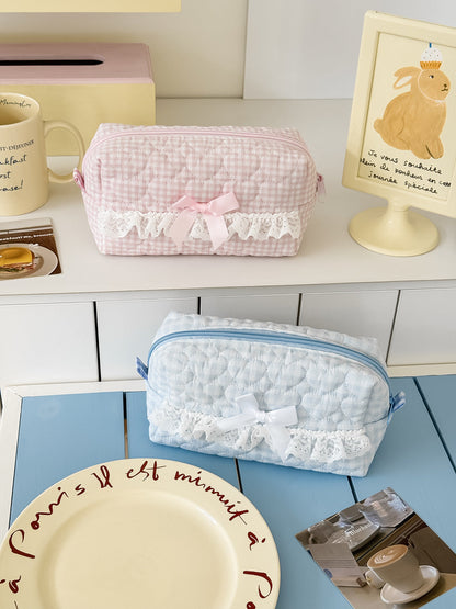 Pastel Blue Plaid Lace Makeup Bag Stylish Quilted Storage