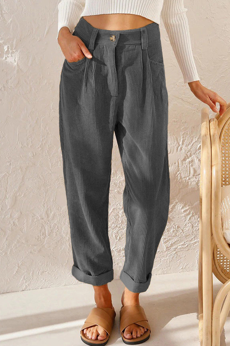 New Women'S High Waist Casual Pants Solid Color Loose Straight Corduroy Pants