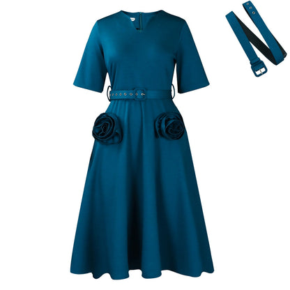 Elegant V-Neck A-Line Dress With Belt