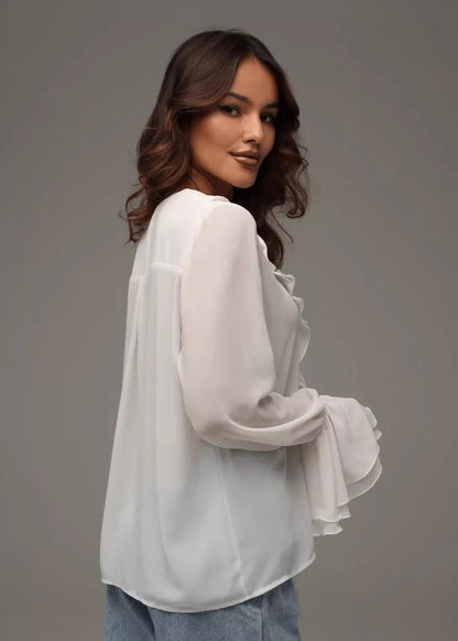 Ruffled Chiffon Blouse With Bell Sleeves