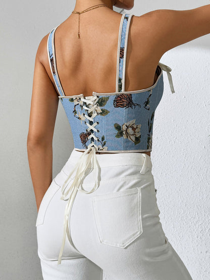 Sensual Floral Lace-Up Cami Top Vintage Style