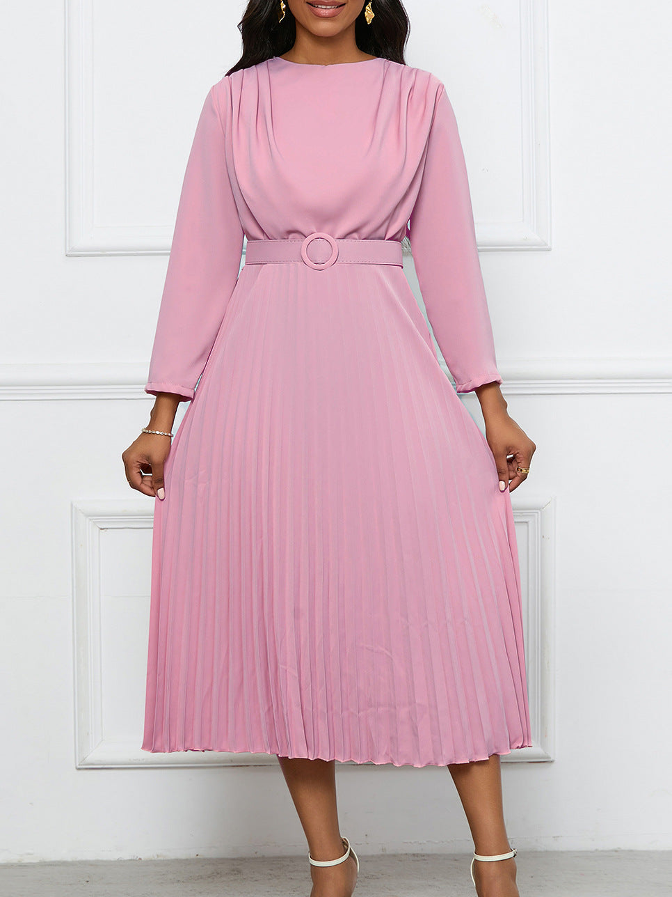 Elegant A-Line Midi Dress With Belt - Office Casualwear