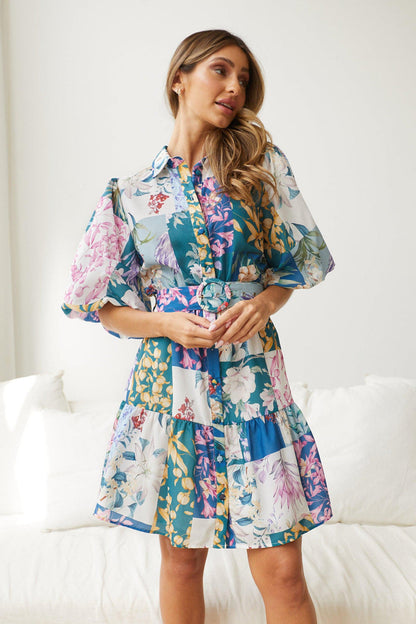 Bohemian Printed Short Skirt Lantern Short Sleeved Belt Single Breasted A-Line Dress