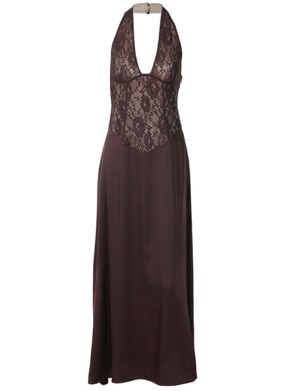 Backless Lace-Trimmed Deep V Neck Dress