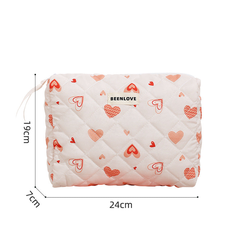 Cute Heart Print Cotton Quilted Cosmetic Bag