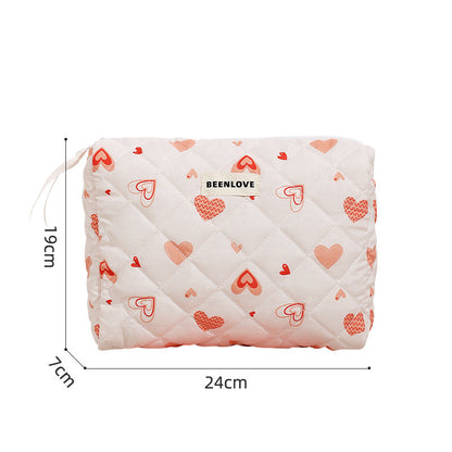 Cute Heart Print Cotton Quilted Cosmetic Bag
