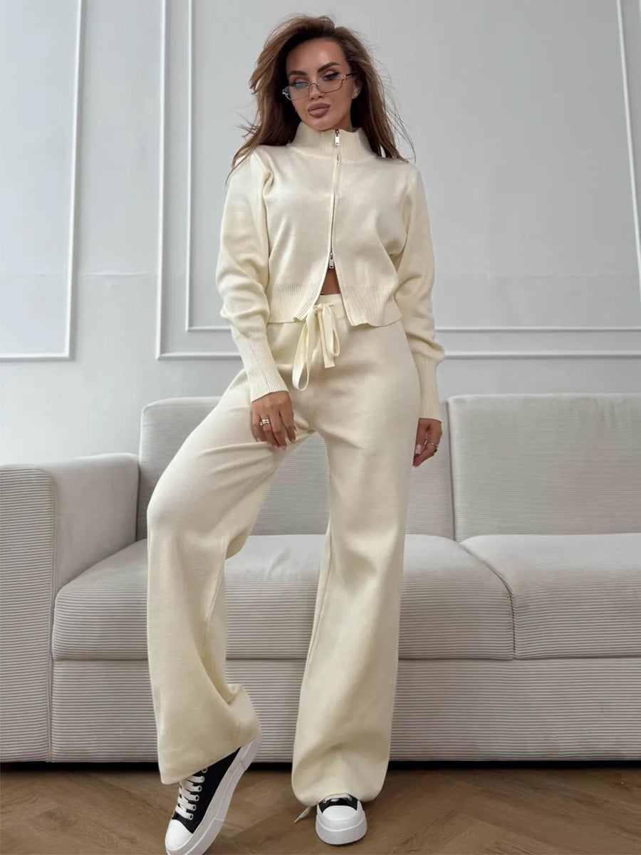 Chic Knitted Zipper Cardigan and Pants Set