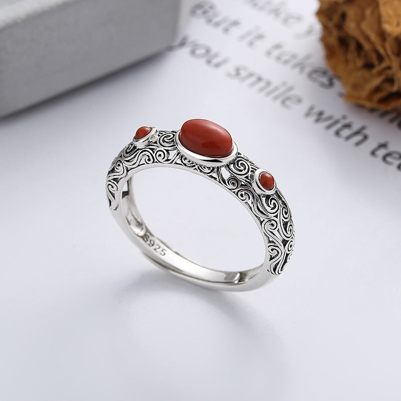 S925 Pure Silver Retro Old Craft Pattern Decorated With Southern Red Agate Art Style Open Ring