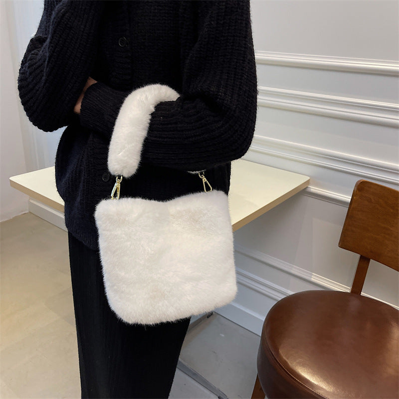 Trendy Plush Crossbody Bucket Bag Soft Casual Tote