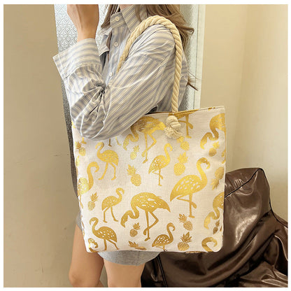 Large Capacity Linen Tote Bag with Dual-Sided Gold Foil Design