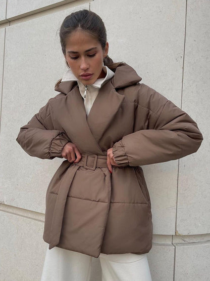 Collared Quilted Coat Slim Fit Belted Outerwear