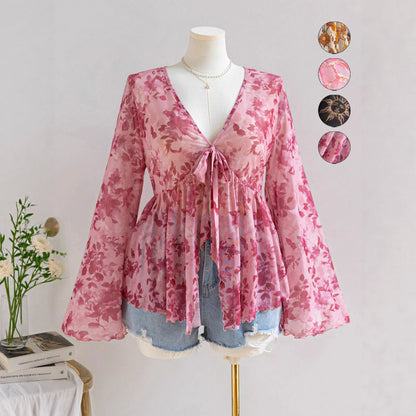 V-Neck Floral Mesh Top with Bell Sleeves
