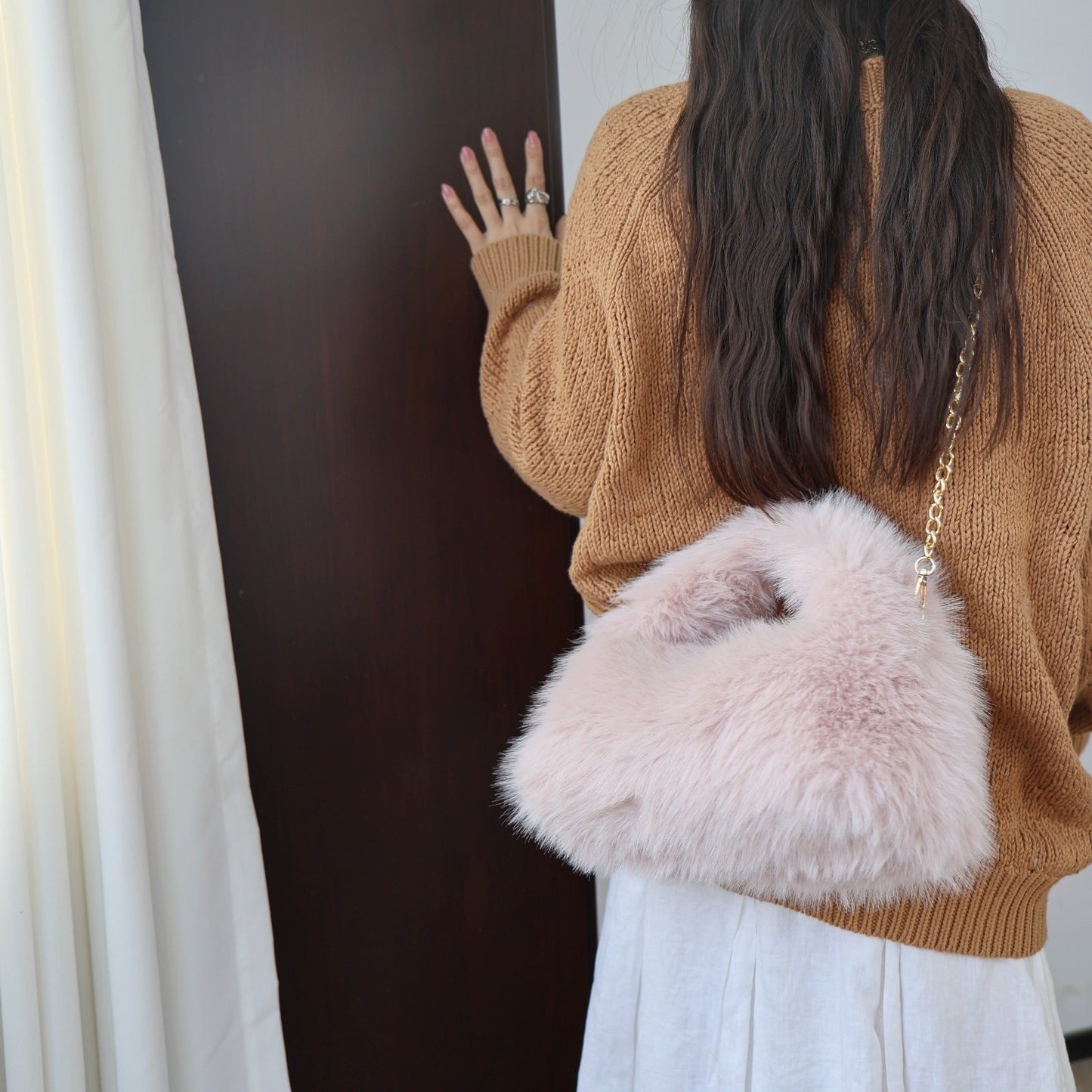 Solid Color Soft Fluffy Fur Tote Handbag