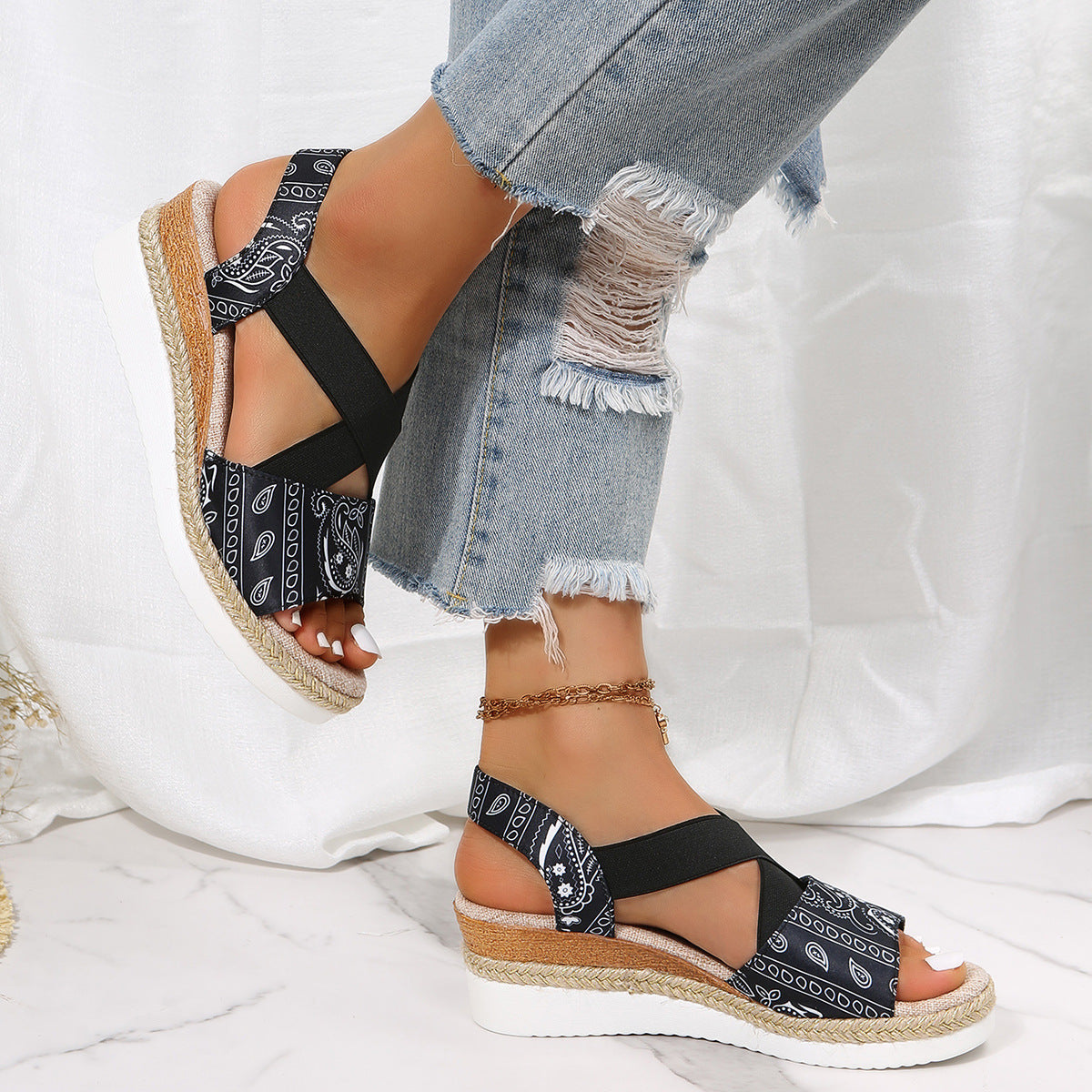 Summer New Flat Bottom Slope Heel Fish Mouth Casual Women'S Sandals