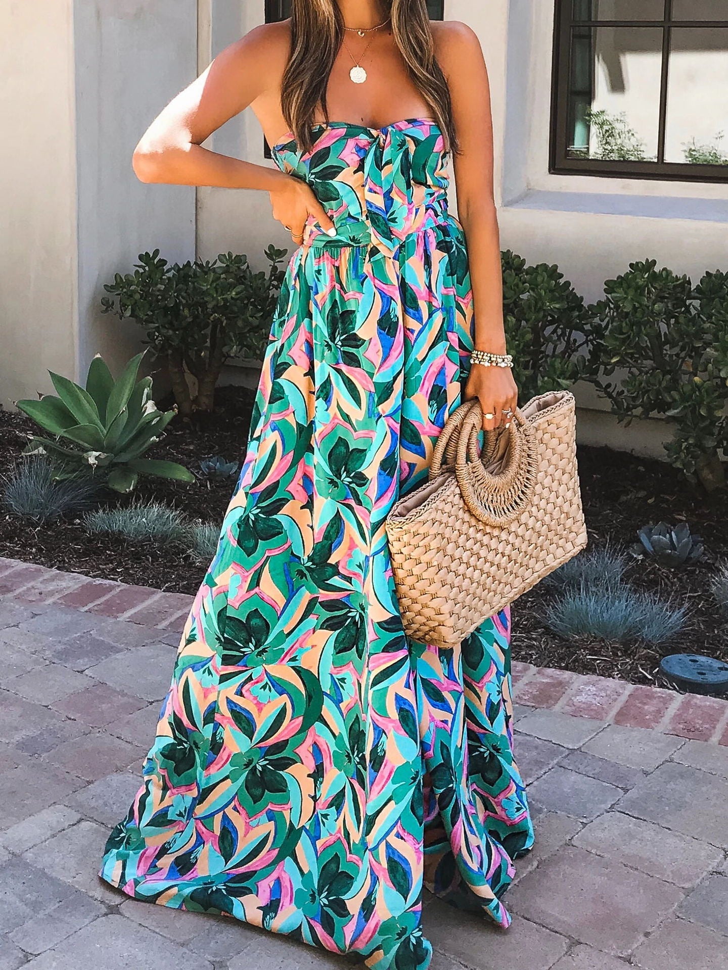 Summer Temperament Women'S Print High Waist Wrap Chest Jumpsuit Casual Pants