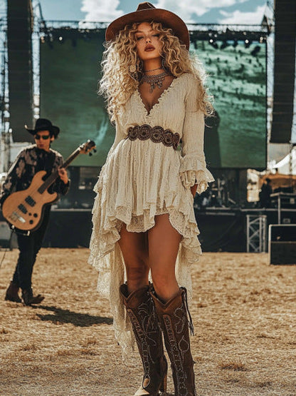 Floral Lace Fringe Vintage Midi Dress for Festivals
