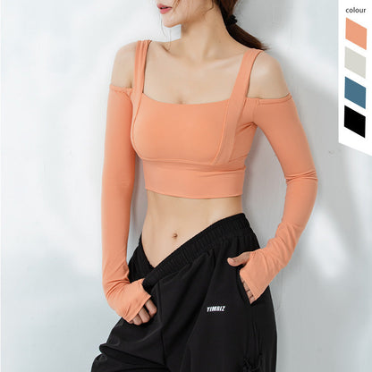 Tight All-In-One Yoga Suit Long-Sleeved Off-The-Shoulder Sports Top Women'S Gym Running T-Shirt