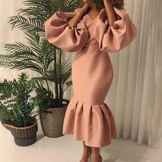 Plus Size Women'S Elegant V-Neck Puff Sleeve Mermaiding Dress