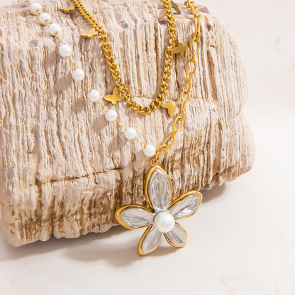 Geometric Pearl Pendant Necklace Stainless Steel 18K Gold Layered Design