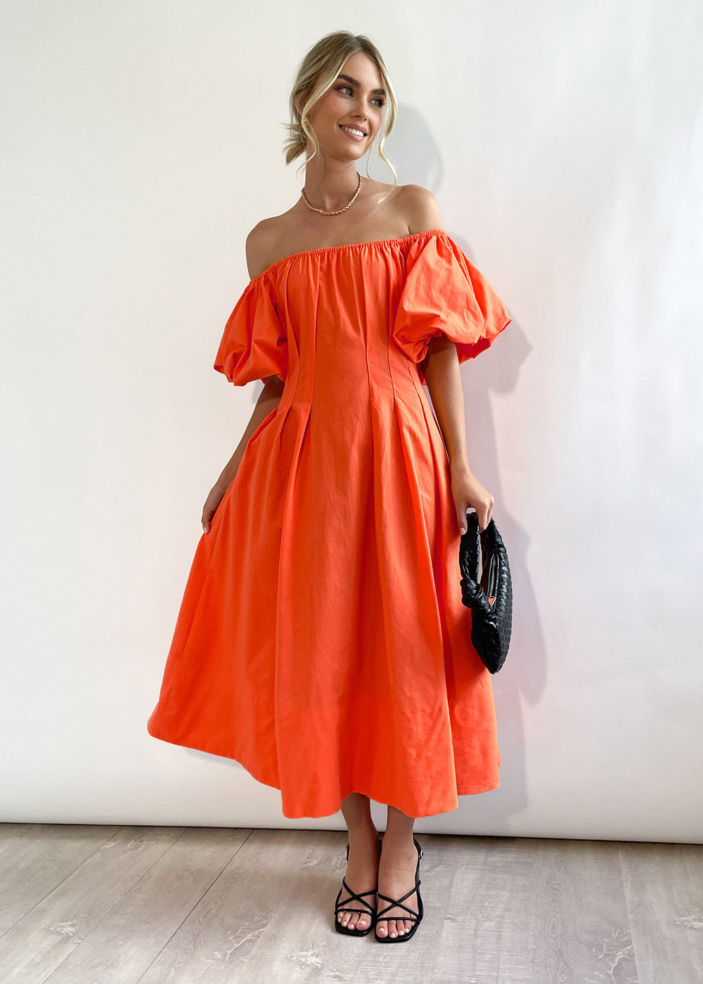 Off Shoulder Puff Sleeves Midi Dress