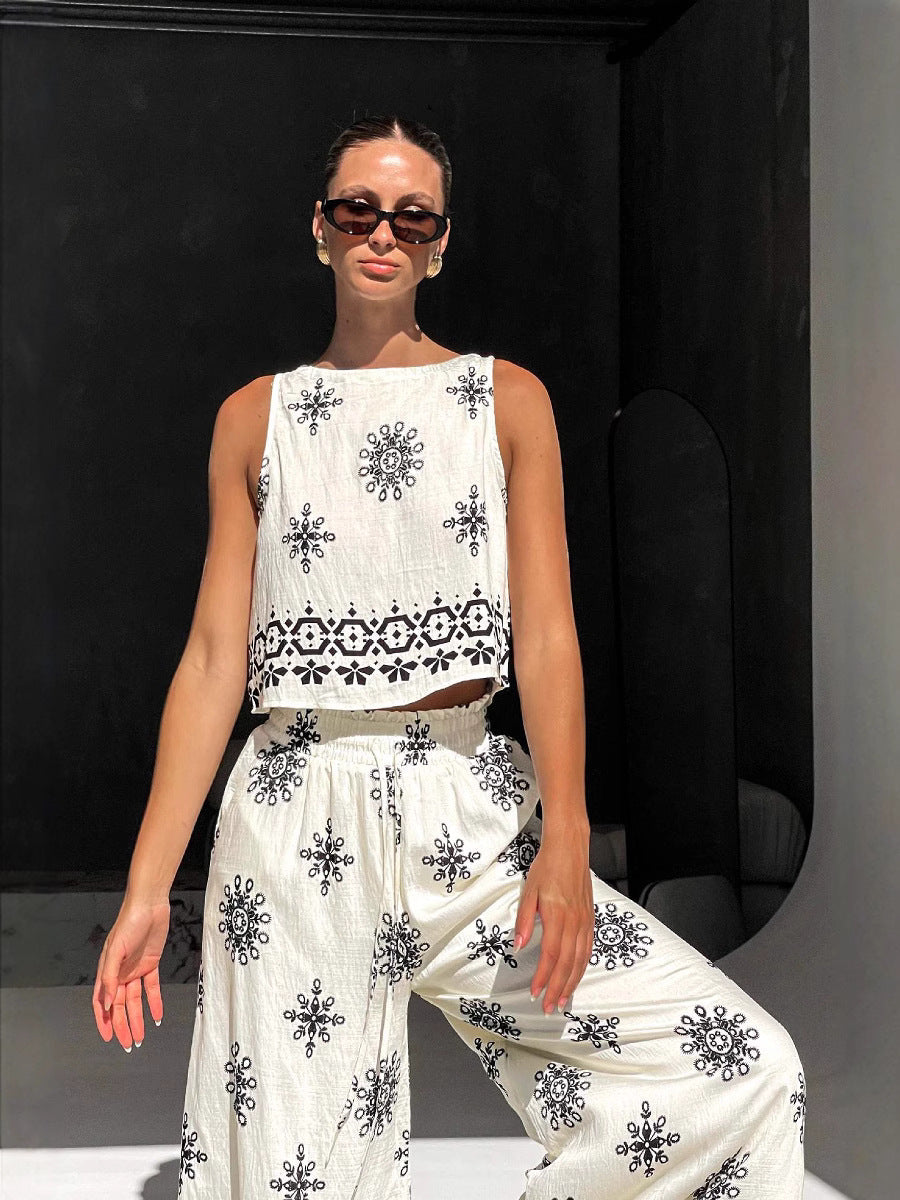 Elegant Floral Linen Waistcoat & Wide-Leg Trousers Set