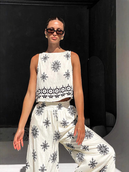 Elegant Floral Linen Waistcoat & Wide-Leg Trousers Set