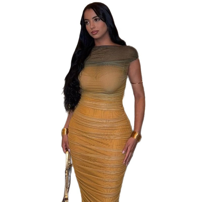 Color Block Bodycon Dress Gradient One-Shoulder Long Dress