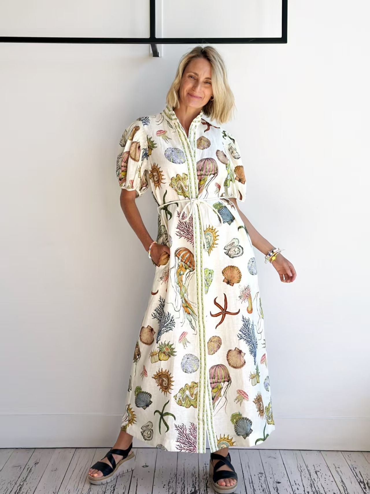 Casual Elegant Animal Pattern Linen Dress with Stand Collar