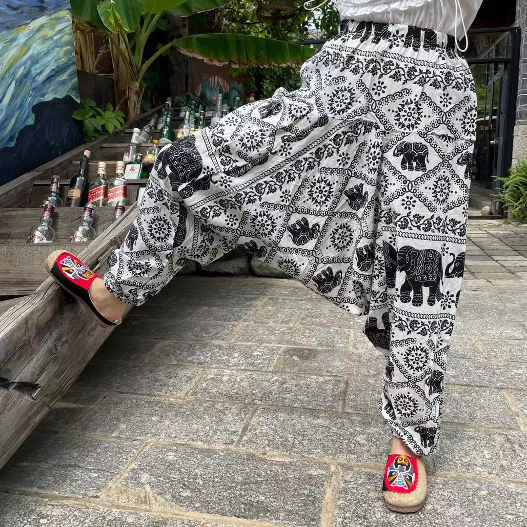 Ethnic Style Summer Men'S And Women'S Same Large Crotch Pants Cotton And Linen Printed Casual Lantern Trousers