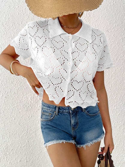 Women鈥檚 Casual Cardigan Lace Knit Heart Pattern Beach Top